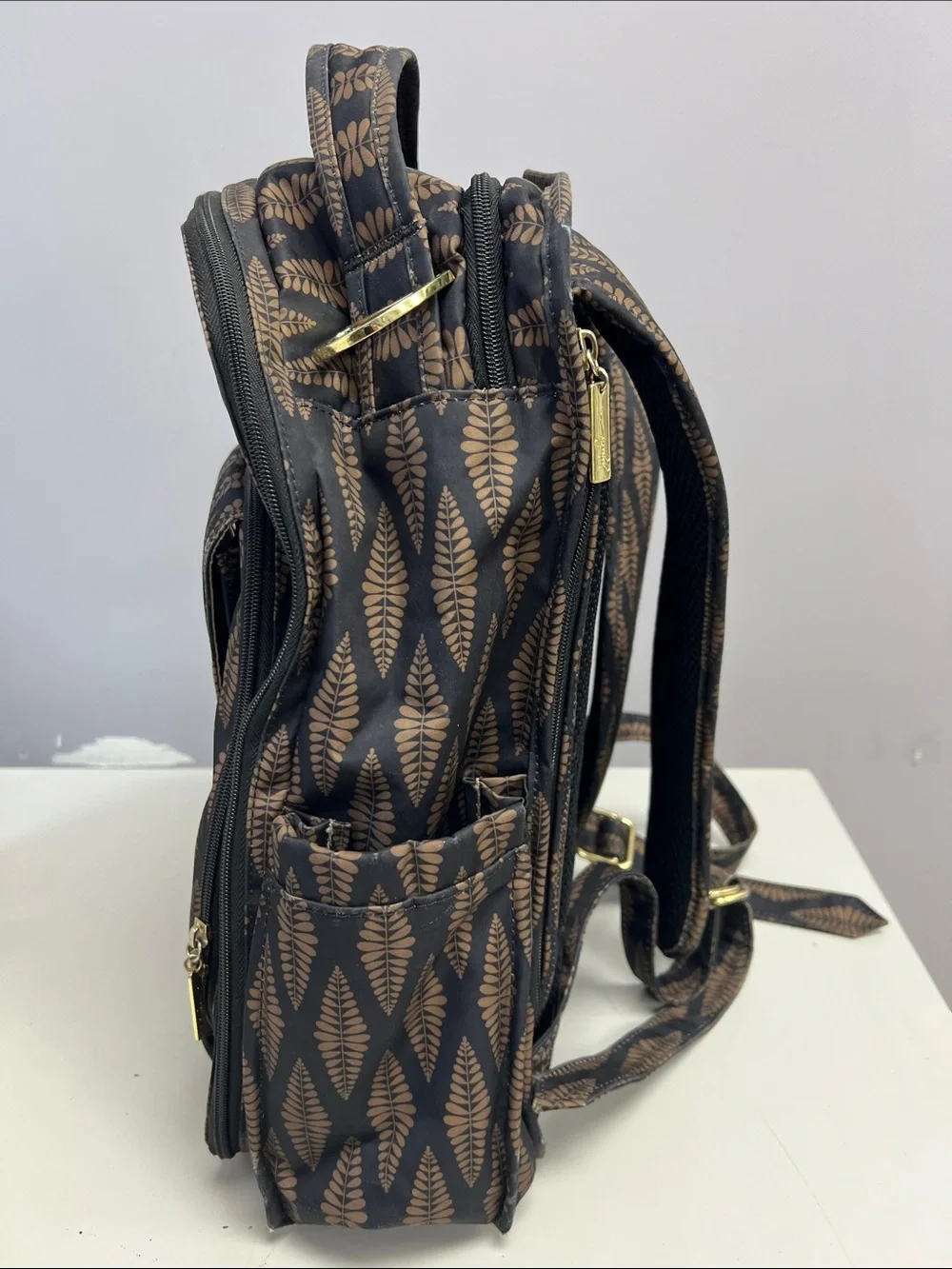 JuJuBe Patterned Diaper Backpack - Black & Gold Leaf Print